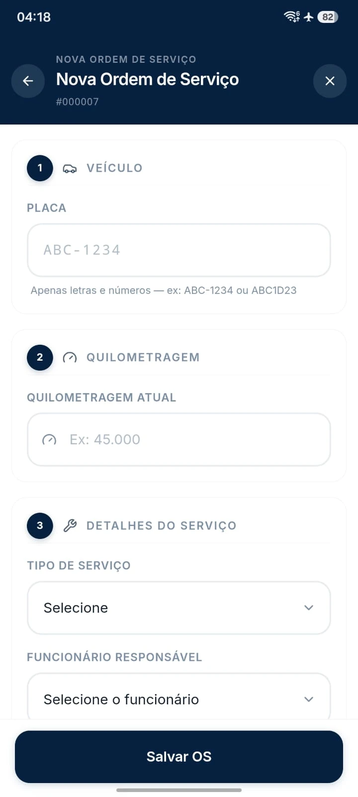 Tela de criação de nova ordem de serviço no AutoHist